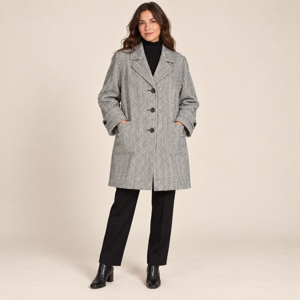 Vintage Herman Kay Gray Herringbone Wool Blend Car Coat Women’s 14 Austria